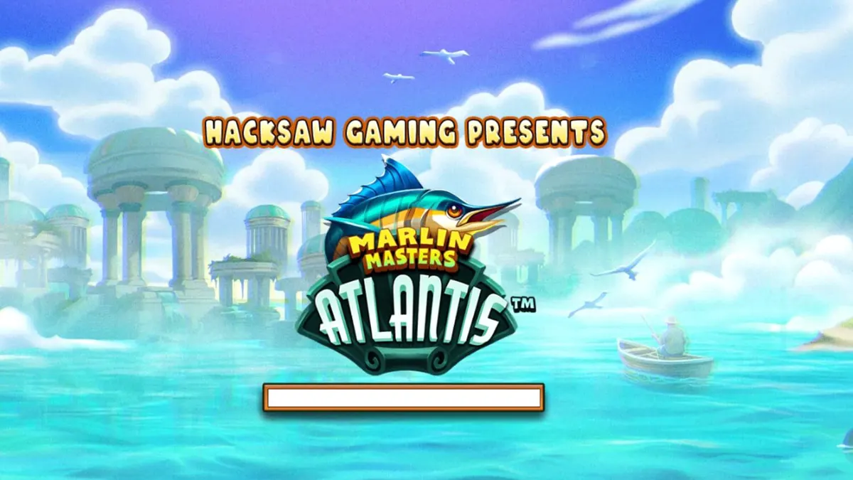 Cenário ensolarado e mítico do slot Marlin Masters Atlantis com colunas gregas e águas cristalinas