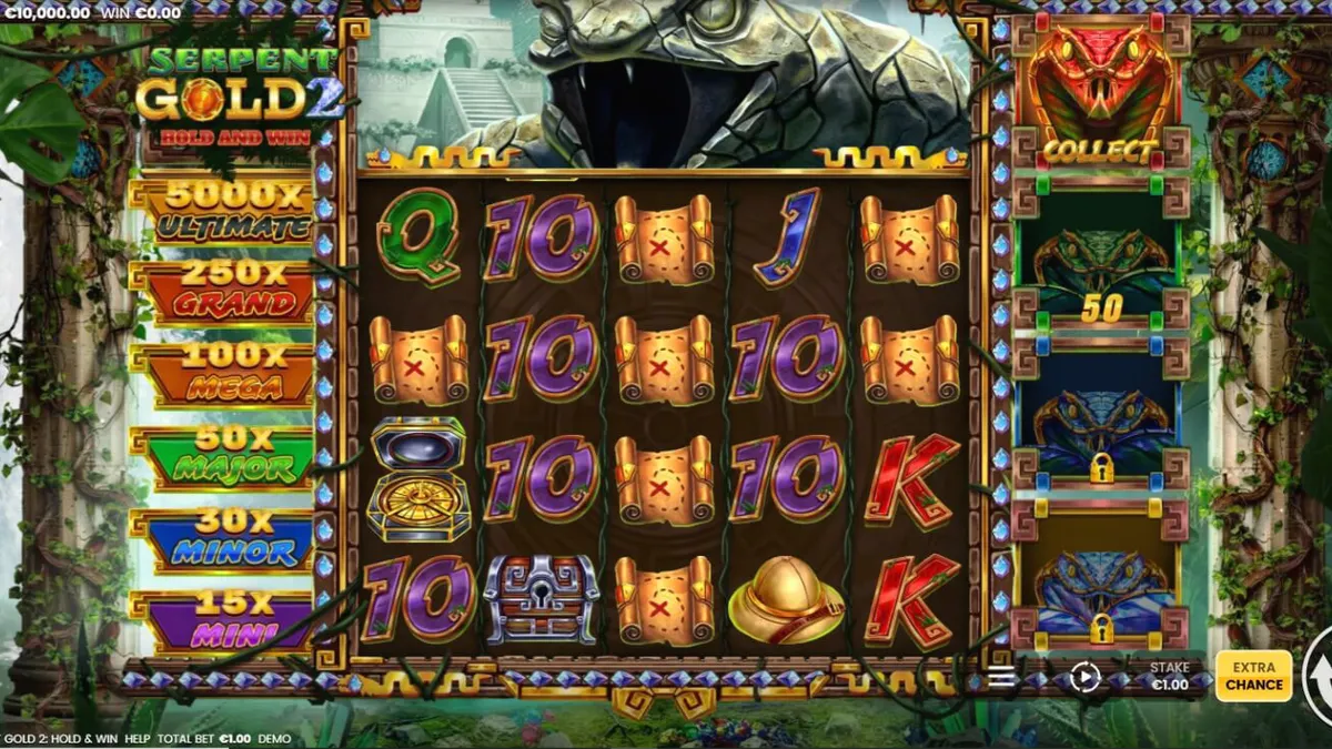 Interface vibrante do slot Serpent Gold 2 com elementos de selva e ouro