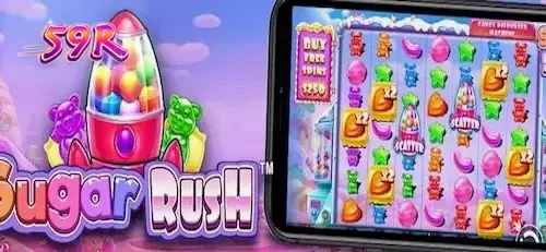 Interface vibrante e colorida do slot Sugar Rush com grade 7x7